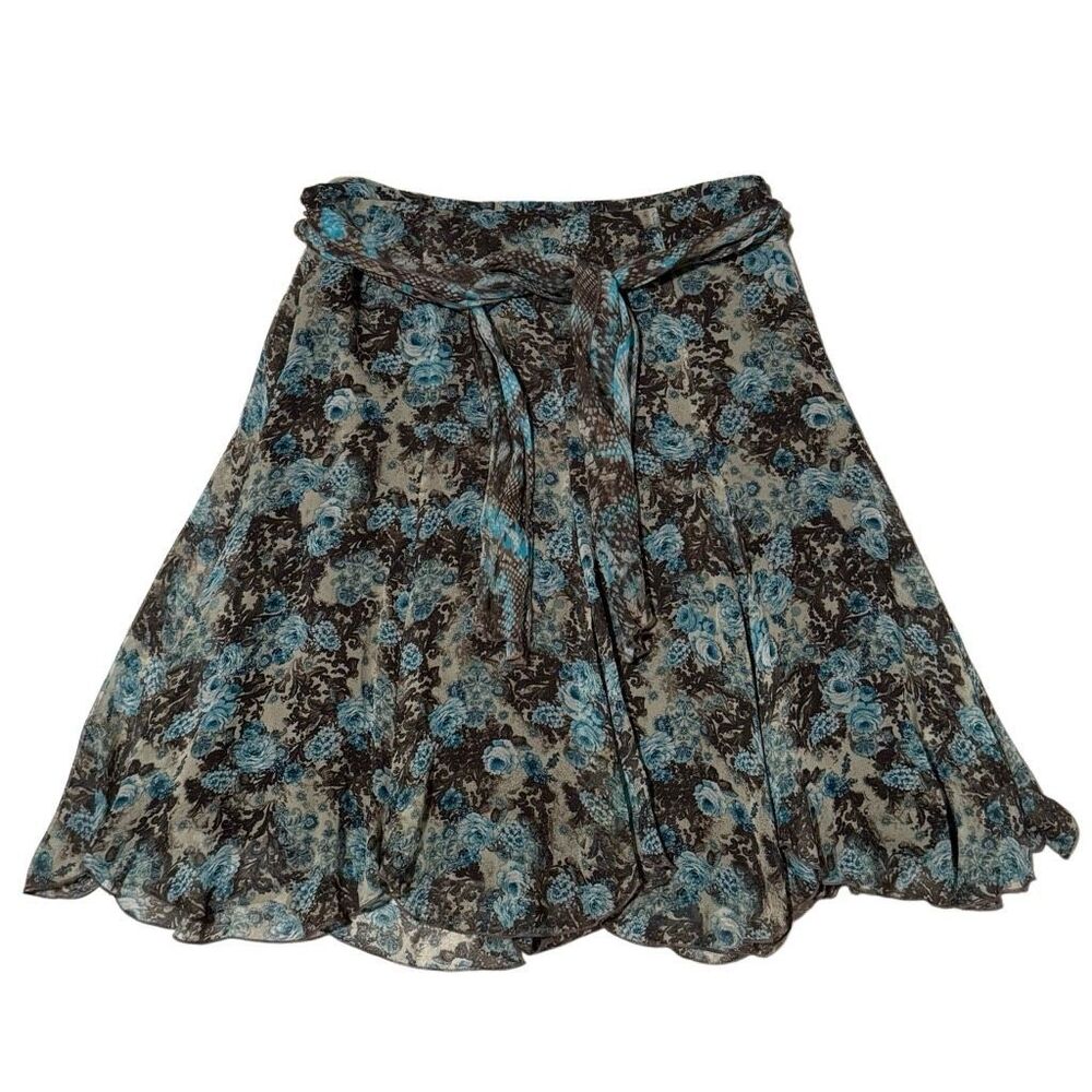 Karen Kane Silk Floral Chiffon A-Line Fairy Skirt Blue Brown Tie Waist Size 10